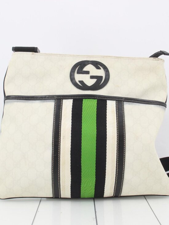 Gucci Handbags - Gucci White Canvas Shoulder Bag with Green and Black Stripe